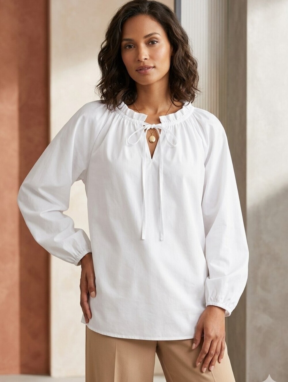 grand & greene White Tie-Neck Peasant Top